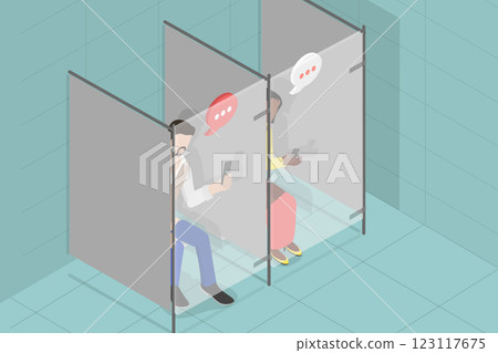 3D Isometric Flat Vector Illustration of Using Gadgets In Washroom, People in Restroom 123117675