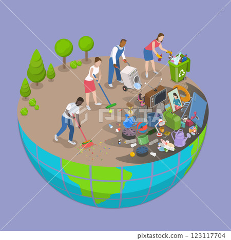 3D Isometric Flat Vector Illustration of Saving Planet, People Cleaning Garbage on Earth Area 3D Isometric Flat Vector Illustration of Saving Planet, People Cleaning Garbage on Earth Area 123117704
