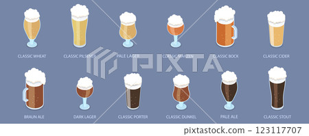 3D Isometric Flat Vector Illustration of Types Of Beer, Beverages in Recommended Glasses 3D Isometric Flat Vector Illustration of Types Of Beer, Beverages in Recommended Glasses 123117707