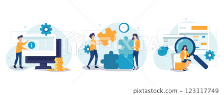 Customer experience abstract concept vector illustration set. Beta testing, project delivery, user guide, software development, new product launch, technical guide, helpdesk abstract metaphor. 123117749