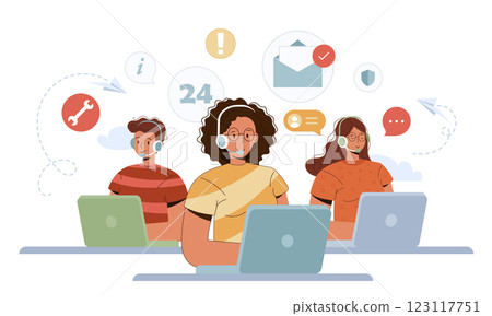 Live support concept. Business customer care service concept. Icon for contact us, support, help, phone call and website click. Flat vector illustration. Live support concept. Business customer care service concept. Icon for contact us, support, help, phone call and website click. Flat vector illustration. 123117751