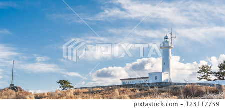 "Aomori Prefecture" The beautiful white Samekado Lighthouse on Tanesashi Coast, Hachinohe City 123117759