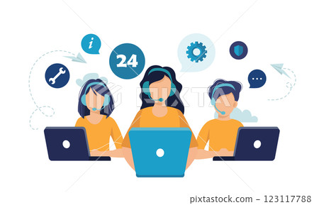 Live support concept. Business customer care service concept. Icon for contact us, support, help, phone call and website click. Flat vector illustration. 123117788