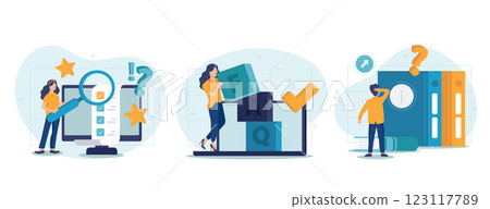 Frequency asked questions and helpdesk illustration set. Characters contacting with helpdesk service, asking questions and receiving answers. Customer support concept. Vector illustration. 123117789