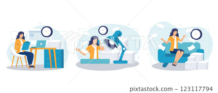 Deadline scenes bundle with people characters. Tired employees hurrying up on deadline at workplace, stressful situation and overtime work. Time management and effectivity flat vector illustration. Deadline scenes bundle with people characters. Tired employees hurrying up on deadline at workplace, stressful situation and overtime work. Time management and effectivity flat vector illustration. 123117794