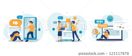 Digital content abstract concept vector illustration set. Social media news and tips, internet criticism, influencer, personal blog, hate speech, comments and share, fake profile abstract metaphor. Digital content abstract concept vector illustration set. Social media news and tips, internet criticism, influencer, personal blog, hate speech, comments and share, fake profile abstract metaphor. 123117878