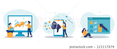Digital marketing and promotion illustration set. Characters analyzing graph, charts and planning marketing strategy to achieve business goals. Business concept. Vector illustration. Digital marketing and promotion illustration set. Characters analyzing graph, charts and planning marketing strategy to achieve business goals. Business concept. Vector illustration. 123117879