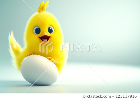 A Cute Little Yellow Chick Emerging from a White Egg on a Soft Blue Background 123117910