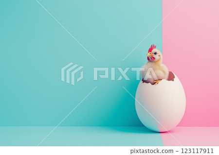 Little Chicken Emerging From White Egg on Colorful Background in Pastel Shades 123117911