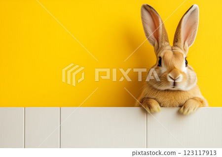 Cute Bunny Rabbit Peeking Over White Wall on Bright Yellow Background for Spring Celebration Cute Bunny Rabbit Peeking Over White Wall on Bright Yellow Background for Spring Celebration 123117913