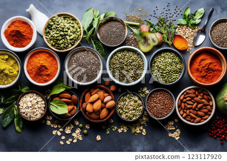 Colorful Overview of Fresh Ingredients Including Seeds, Nuts, and Fresh Produce on a Dark Surface 123117920