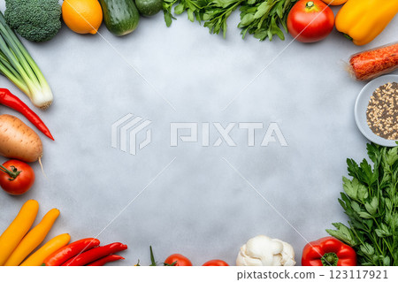 Fresh Selection of Colorful Fruits and Vegetables Arranged on Light Background for Healthy Eating 123117921