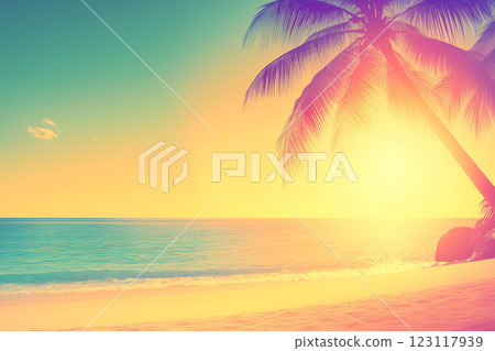 Vintage Sandy Ocean Beach Scene with Coconut Palm Trees Under Distressed Film Flare Effect 123117939