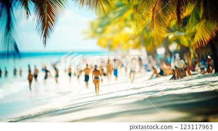 Blurred silhouettes of people in movement on a sandy beach with white sand and green palm trees on a sunny summer day. Travel to the tropical resort. This is AI-generated item 123117963