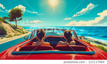 Two young women, girlfriends driving a red convertible car along blue sea on a sunny summer day with cloudy sky. Freeway highway. Summertime vacation. This is AI-generated item 123117964