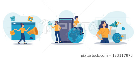 Social media marketing concept isolated person situations. Collection of scenes with people with megaphones attract new customers, advertising, promotion. Mega set. Vector illustration in flat design 123117973