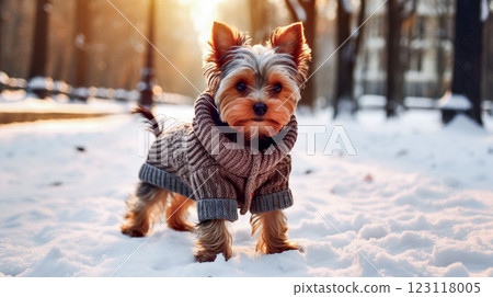 A Yorkshire terrier doggy in warm clothes on a walk outdoors in cold winter day. Snowing weather. Portrait of cute funny pet, dog, pup in a jacket. This is AI-generated item 123118005