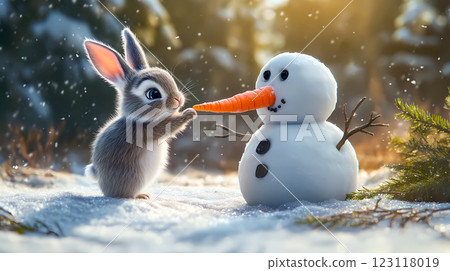 A bunny snatches a carrot-shaped nose from a snowman in winter forest. New Year card with a cute wild animal. A grey hare in a woods in sunny cold day This is AI-generated item A bunny snatches a carrot-shaped nose from a snowman in winter forest. New Year card with a cute wild animal. A grey hare in a woods in sunny cold day This is AI-generated item 123118019