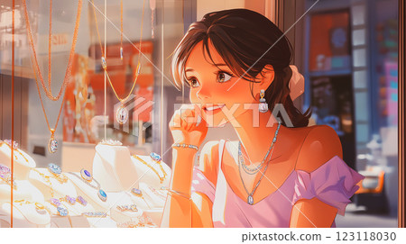 An anime girl chooses with delight looking at the jewelry in the jewelry store. Beautiful smiled girl looks at necklace and beads. Impressed emotions. This is AI-generated item 123118030