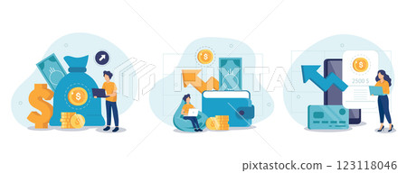 Financial illustration set. Characters saving money in cash, credit card or in savings bank accounts. Personal finance management and savings concept. Vector illustration. 123118046