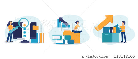 Office workers organizing data storage and file archive on server or computer. PC users searching documents on database. Vector illustration set for information technology, source concept 123118100