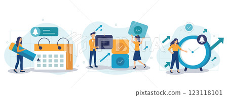 Business illustration set. Self management and multitasking concept. Characters planning and organizing schedule, work task and time management strategy to increase productivity. Vector illustration. 123118101