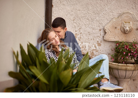 Young Cute Female Hugs Boyfriend. In Autumn Outdoor. Lovers Walking in Park. Attractive Funny Couple. Lovestory in Forest. Man and Woman. Cute Lovers in the Park. Family Concept. Happy Couple. 123118110