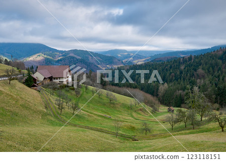 Scenic Rural House on Green Hill Overlooking Black Forest Mountains with Dramatic Sky. Traditional German Farmhouse in Baden Wurttemberg Forest Landscape with Rolling Hills and Pine Trees in Spring. Scenic Rural House on Green Hill Overlooking Black Forest Mountains with Dramatic Sky. Traditional German Farmhouse in Baden Wurttemberg Forest Landscape with Rolling Hills and Pine Trees in Spring. 123118151