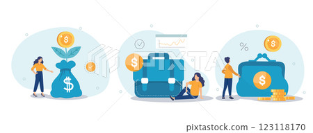 Financial management concept. Money saving and investing illustration set. Characters managing investment portfolio, planning invest strategy, savings and budgets. Vector illustration. 123118170