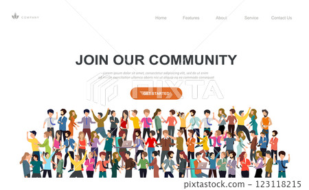 Join our community. Crowd of united people as a business or creative community standing together. Flat concept vector website template and landing page design for invitation to summit or conference 123118215