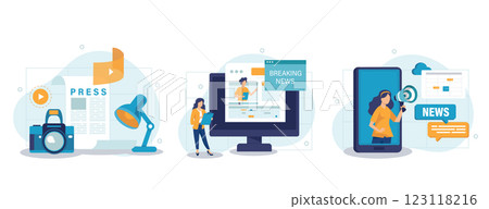 Mass media, press release. Newspaper publishing, daily news, propaganda idea collection of scenes. Tabloid with headline. Reportage, journalism design element. Flat vector modern illustration Mass media, press release. Newspaper publishing, daily news, propaganda idea collection of scenes. Tabloid with headline. Reportage, journalism design element. Flat vector modern illustration 123118216
