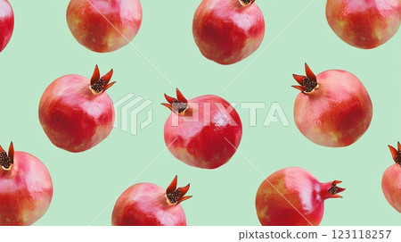 Vibrant red pomegranates on mint green background in repeating pattern 123118257