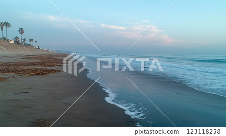 Serene coastal beach landscape at sunrise with gentle waves and palm trees Serene coastal beach landscape at sunrise with gentle waves and palm trees 123118258