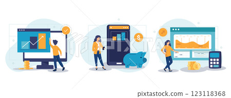 Characters investing money in stock market. People analyzing financial graphs, charts and diagrams and other data. Stock trading concept. Flat cartoon vector illustration and icons set 123118368