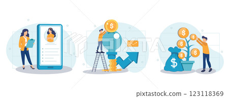Tiny business people investing into innovation with high potential, financial literacy. Digital promotion, social media networks advert. Set flat vector modern illustration 123118369