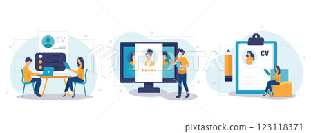 Employee evaluation, assessment form and report, performance review concept collection of scenes. Employer meeting job applicant at pre-employment assessment. Flat vector modern illustration	 123118371
