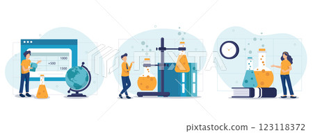 Medical tests illustration set. Laboratory doctor or chemist testing patients urine and blood samples and saving lab results online. Health care and medicine concept. Vector illustration. 123118372