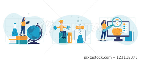 Medical tests illustration set. Laboratory doctor or chemist testing patients urine and blood samples and saving lab results online. Health care and medicine concept. Vector illustration.	 123118373