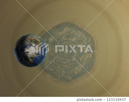 Size comparison of Earth and the massive hexagonal storm at Saturn's north pole against a starry background. 123118437