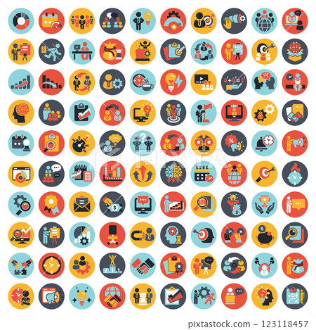 Business and management icon set. Icons for leadership, teamwork, job and work, statistics, analytics and advertising. Flat vector illustration. Blue icon for business collection 123118457