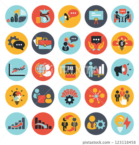Business and management icon set. Icons for leadership, teamwork, job and work, statistics, analytics and advertising. Flat vector illustration. Blue icon for business collection Business and management icon set. Icons for leadership, teamwork, job and work, statistics, analytics and advertising. Flat vector illustration. Blue icon for business collection 123118458