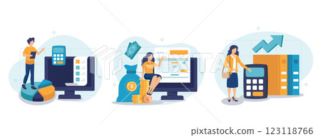 Budget bookkeeping illustration set. People doing paperwork. Characters accounting debit and credit, calculating bills and income taxes. Financial management concept. Vector illustration. 123118766