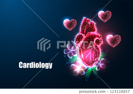 Glowing anatomical heart surrounded by flowers, leaves, and hearts. Cardiology, health, and vitality Glowing anatomical heart surrounded by flowers, leaves, and hearts. Cardiology, health, and vitality 123118857