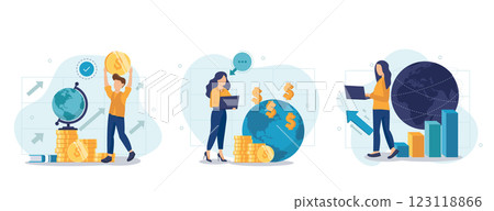 Global economic web concept with people scenes set in flat style. Bundle of world markets research, financial statistics, developing international business. Vector illustration with character design 123118866