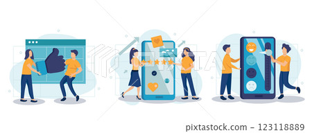 Feedback page web concept with people scenes set in flat style. Bundle of customer satisfaction, high rating stars and likes, positive client experience. Vector illustration with character design 123118889
