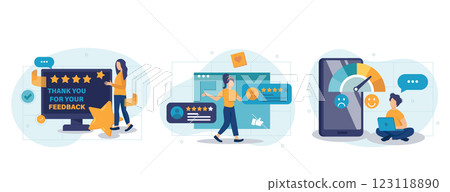 Feedback page web concept with people scenes set in flat style. Bundle of customer satisfaction, high rating stars and likes, positive client experience. Vector illustration with character design 123118890
