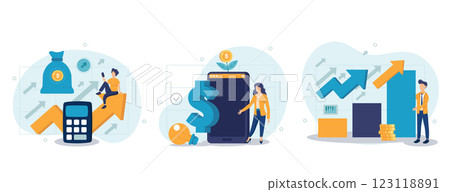 Finance growth illustration set. Characters analyzing investments, celebrating financial success and money growth. Money increasing concept. Vector illustration. 123118891