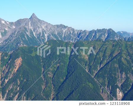 Summer view of Mt. Yari from Mt. Jonen in the Northern Alps Summer view of Mt. Yari from Mt. Jonen in the Northern Alps 123118908