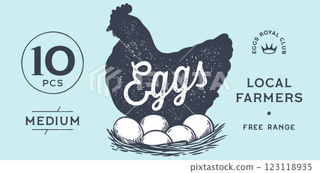Chicken, hen with nest, eggs. Sketch artwork silhouette chicken with nest, eggs. Label, tag, chicken nest, eggs sketch ink pencil style drawing, engrave old school style. Vector Illustration 123118935