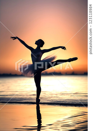 A beautiful ballerina dancing on the lakeside at dusk A beautiful ballerina dancing on the lakeside at dusk 123118984